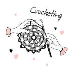 Crocheting. Hands knitting a napkin. Logo. Vector