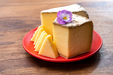 Cheese collection, Tomme de Savoie cheese from Savoy region in French Alps,  mild cow's milk cheese with beige interior and thick brownish-grey rind