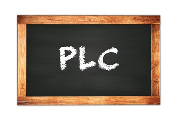PLC text written on wooden frame school blackboard.