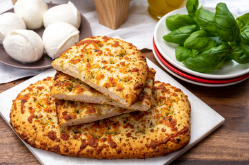 Tasty italian vegetarian food, fresh baked flat foccachia bread with white mozzarella cheese and herbs