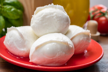 Cheese collection, small fresh white soft mozzarella cheese balls served with red tomatoes and fresh green basil from Italy