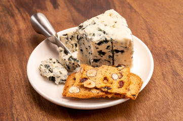Cheese collection, piece of soft French blue cheese roquefort