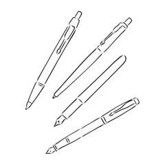 Vector black line art, hand drawn sketch on white background, isolated object of school supplies writing and drawing tools, pens, pencils, brushes, markers, felt-tip pen, etc, back to school theme.