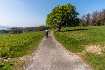 woman riding touring bike through green field and tree in background in Killarney national park