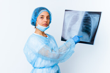 Young mixed race doctor woman holding a bone scan isolated