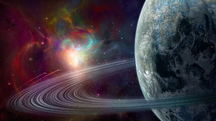 Space background. Two spaceship fly in colorful fractal nebula with planet and ring. Elements furnished by NASA. 3D rendering