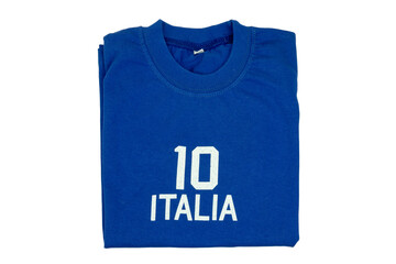 Blue t-shirt for kids. Folded soccer or polo shirt with the inscription italia and the number ten isolated on white background. Summer fashion kids.