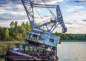 Crane in port of Yanov Backwater in Chernobyl Exclusion Zone, Ukraine