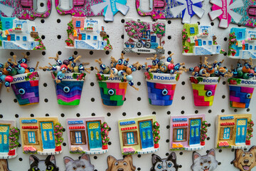Turkey, Bodrum.Ceramic greek mill souvenirs on the shop window.