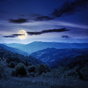 countryside landscape in summer at night. beautiful nature scenery with meadows on the hills rolling in to the distant valley in full moon light