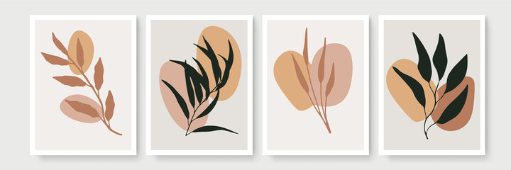 Botanical wall art vector set. Earth tone boho foliage line art drawing with abstract shape. Abstract Plant Art design for print, cover, wallpaper, Minimal and natural wall art.