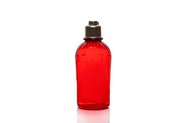 Red bottles for shower gel and cream on a white background. Lightweight plastic jars. On white background. Hard shadows. Isolates.