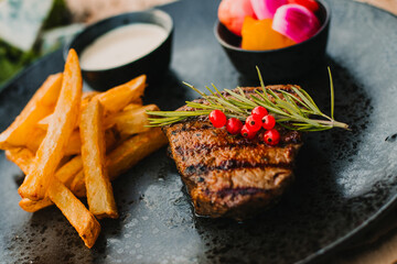BBQ Grilled, Grilled beef steak with fries, Grilowany stek wołowy, grilled steak, fried steak with chips, American steak with chips, Grilled Ribeye with Garlic Fries,	 - obrazy, fototapety, plakaty
