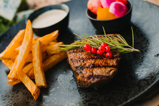 BBQ Grilled, Grilled beef steak with fries, Grilowany stek wołowy, grilled steak, fried steak with chips, American steak with chips, Grilled Ribeye with Garlic Fries,	