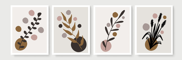 Botanical wall art vector set. Earth tone boho foliage line art drawing with abstract shape. Abstract Plant Art design for print, cover, wallpaper, Minimal and natural wall art.