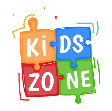 Kids club zone logo, education game area, recreation label, kid leisure, playground, design, cartoon style vector illustration.