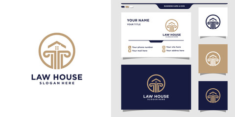 Law logo template with house style and business card design. Premium Vector