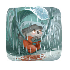 Illustration of a small koala in clothes looking at the rain