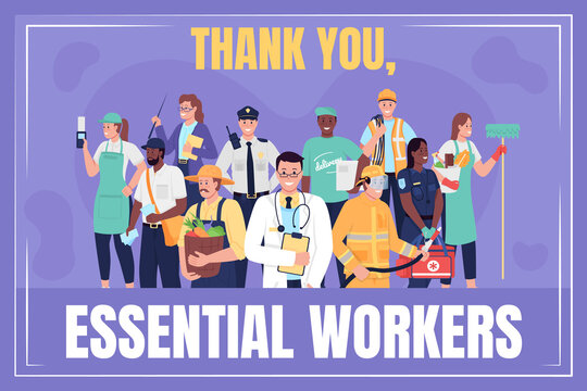 Frontline workers social media post mockup. Thank you essential workers phrase. Web banner design template. Labor day booster, content layout with inscription. Poster, print ads and flat illustration