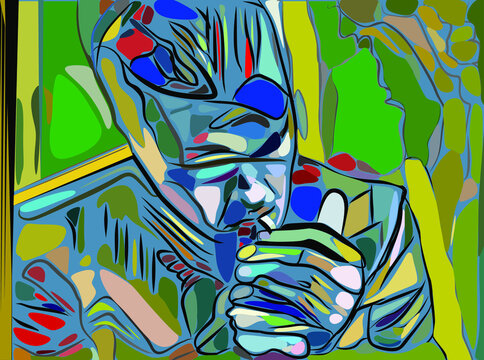 Colorful abstract background, cubism art style, Man lighting a cigarette