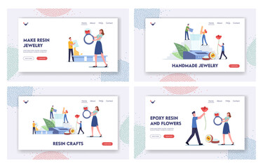 Characters Engage Resin Hobby Landing Page Template Set. Tiny People with Huge Equipment for Making Craft Jewels, Decor