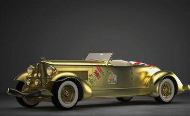 Vintage car with gold bodywork, 3d illustration, 3d rendering