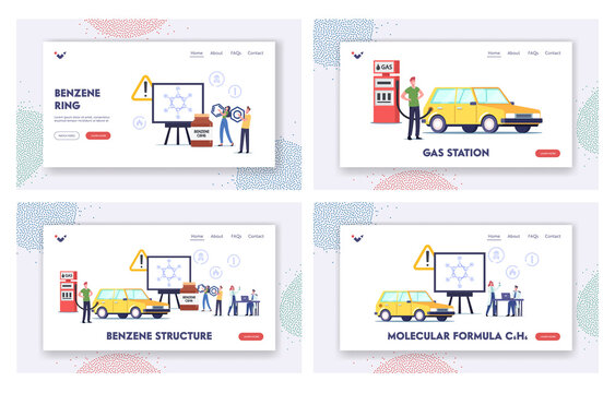 Benzene Structure Landing Page Template Set. Characters on Gas Station Fill Car with Fuel at Screen with Petroleum Ring