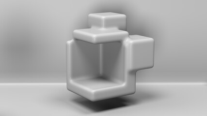 3D rendering. White cube boxes with white blank wall background