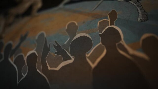 Computer generated battlefield with croud of people. Stock footage. Rear schematic view of people at the battle scene of ancient tribes.