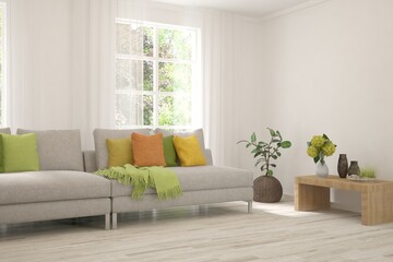 White living room with sofa and summer landscape in window. Scandinavian interior design. 3D illustration