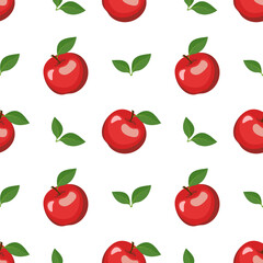 Seamless background with red apples and leaves. A cute summer or spring print with whole fruits. Festive decoration for textiles, wrapping paper and design. Vector flat illustration