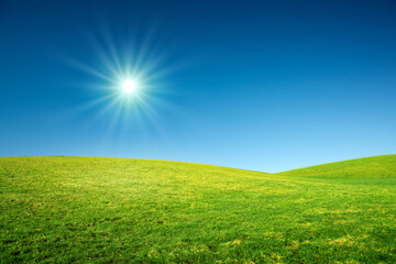 Fototapeta na wymiar Spring landscape background with bright sun and green grass field.