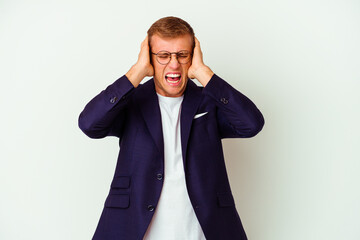 Young business caucasian man isolated on white background