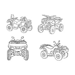 Vector engraved style illustration for posters, decoration and print. Hand drawn sketch of quad bike in black isolated on white background. Detailed vintage etching style drawing. © Elala 9161