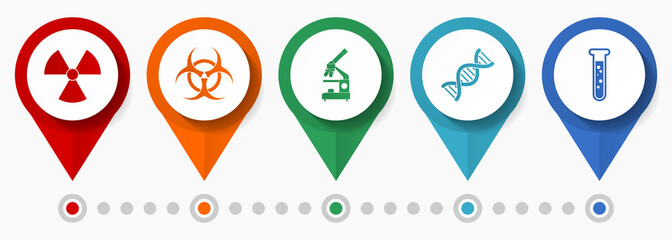 Science and research, education, laboratory concept vector icon set, flat design pointers, infographic template