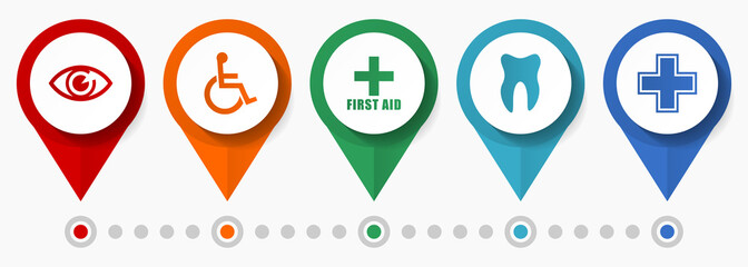 Health, medicine and hospital concept vector icon set, flat design pointers, infographic template
