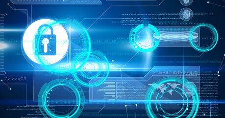 Composition of online security padlock, scopes, binary code, world map