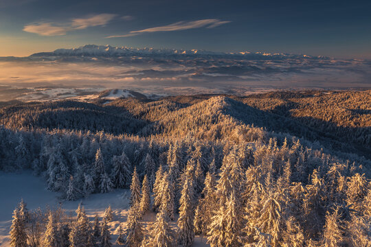 Winter morning in Gorce on the tower on the top of Luban. A beautiful, romantic atmosphere with a view of the Pieniny Mountains, the Beskids and the Tatra Mountains.© PawelUchorczak