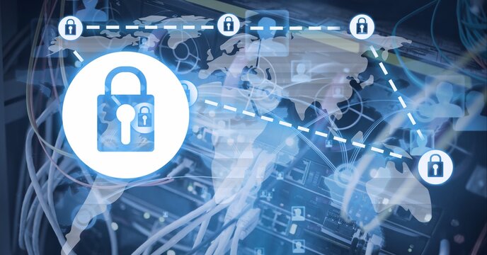 Composition of network of connections with online security padlocks on world map