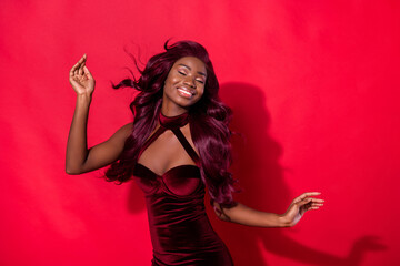 Photo of young attractive black girl happy positive smile stunning air hair isolated over red color background