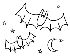 Abstract cartoon flying bats, moon and stars for Halloween. Happy Halloween! Vector stylized illustration. Hand draw Funny bats in doodle style. Black outlines isolated on a white background.