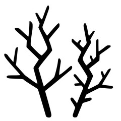 Hand drawn abstract black gloomy bare branches. Black silhouette of a dead trees without foliage. Halloween vector illustration scary trees. Doodle isolated on a white background.