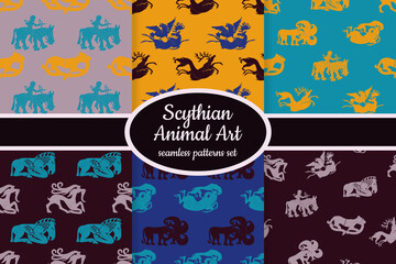 Fototapeta na wymiar Collection of seamless patterns with ancient Scythian art and animal motifs designed for web, fabric, paper and all prints 
