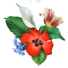 Bouquet of realistic tropical red hibiscus, tulip and white  flowers with green leaves isolate on white background.
