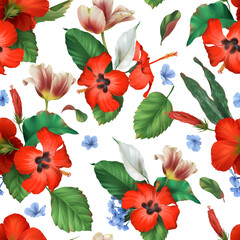 Seamless pattern of realistic tropical red hibiscus tulip and white  flowers with green leaves on white background