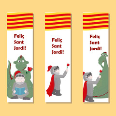 Set of bookmarks with knight and dragon. Feliç Sant Jordi (Happy Saint George’s Day in catalan language - the patron saint of Catalonia).  Vector illustration
