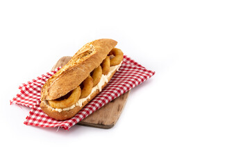 Calamari rings sandwich isolated on white background, typical food from Madrid.Copy space