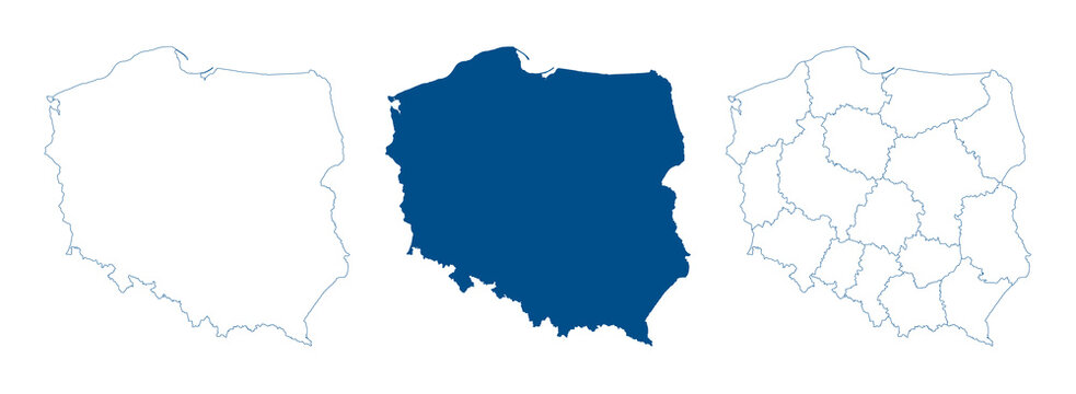 Fototapeta Poland map vector. High detailed vector outline, blue silhouette and administrative divisions map of Poland. All isolated on white background. Template for website, design, cover, infographics