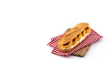 Calamari rings sandwich isolated on white background, typical food from Madrid.Copy space