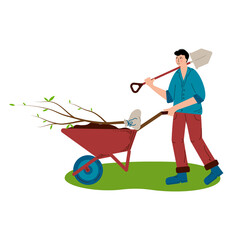 A young man is rolling a tree for planting in a wheelbarrow. The man carries a shovel on his shoulder and rolls a wheelbarrow. A hobby is gardening. Flat style Vector Illustration.